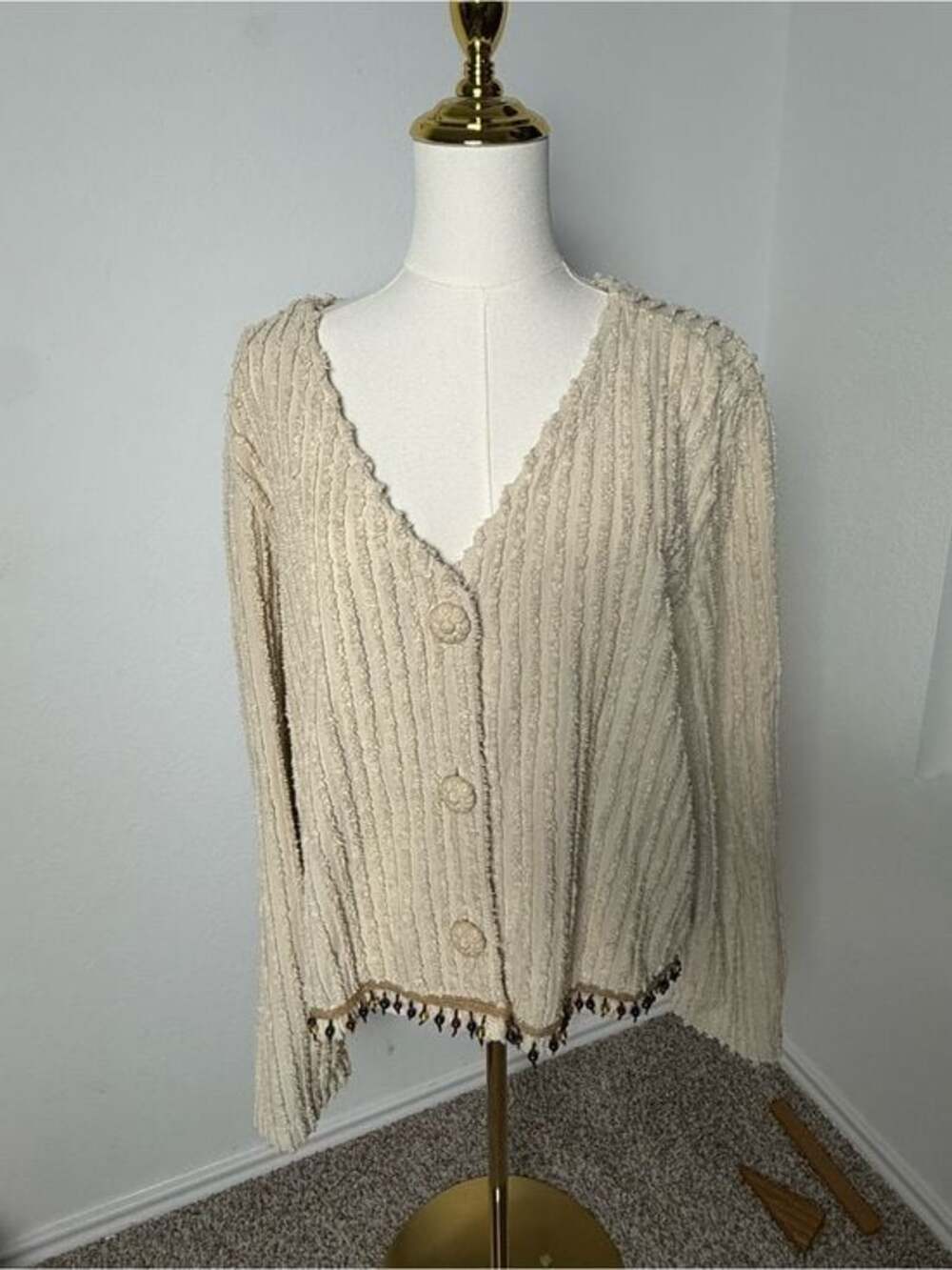 Vintage Cover Charge Cream Button Down Cardigan w/ Beaded Hem XL 100% Cotton